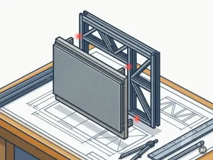 BIM 3D-model van een prefab gevelpaneel tegen een staalconstructie met rode clashdetectie-indicatoren op de verbindingspunten.