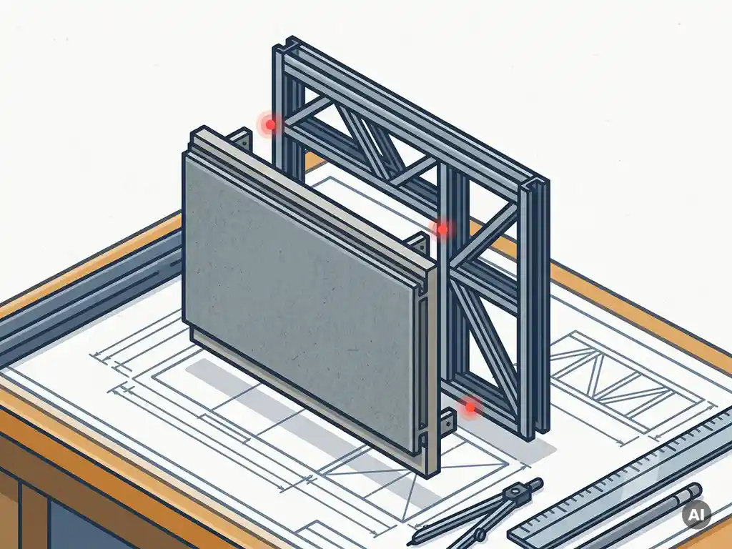 BIM 3D-model van een prefab gevelpaneel tegen een staalconstructie met rode clashdetectie-indicatoren op de verbindingspunten.