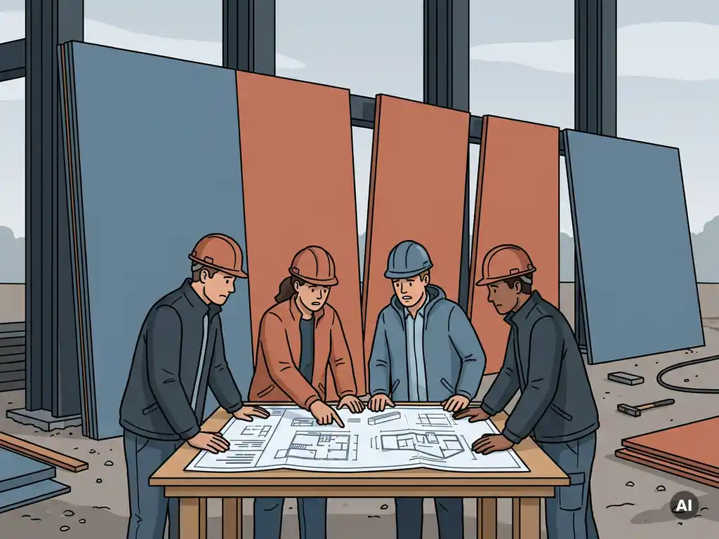 Bouwteam bestudeert BIM-blauwdruk op werkbank, met prefab gevelpanelen tegen staalframe op de achtergrond.