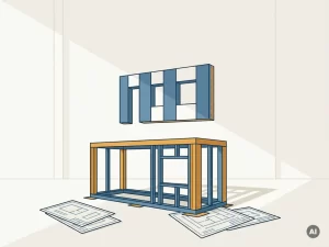Digitaal BIM-model van een prefab gevelpaneel zweeft boven een stalen constructie-element op een fabriekshal vloer met technische tekeningen.