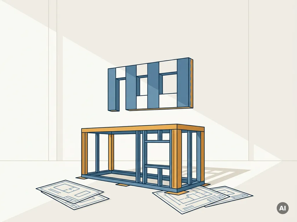 Digitaal BIM-model van een prefab gevelpaneel zweeft boven een stalen constructie-element op een fabriekshal vloer met technische tekeningen.