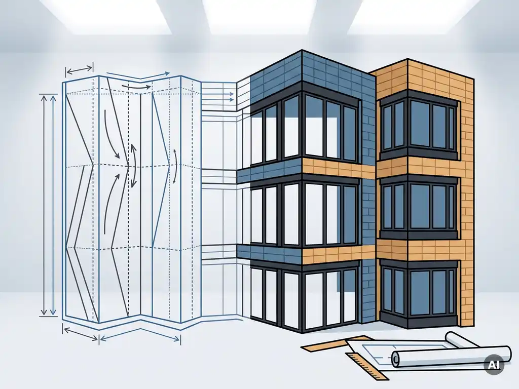 BIM-wireframe van een prefab gevelpaneel dat uitvouwt tot een volledig samengesteld gebouwexterieur met stalen en keramische bekleding.