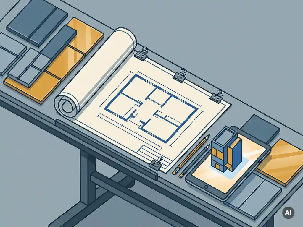Opgerolde BIM-bouwtekening op stalen tekentafel met prefab gevelpanelen in keramiek en composiet aluminium en een tablet met 3D-gebouwmodel.