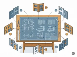 Architectonische blauwdruk op tekentafel omringd door prefab gevelpanieelmodellen met kleurgecodeerde labels in vlakke vectorillustratiestijl.