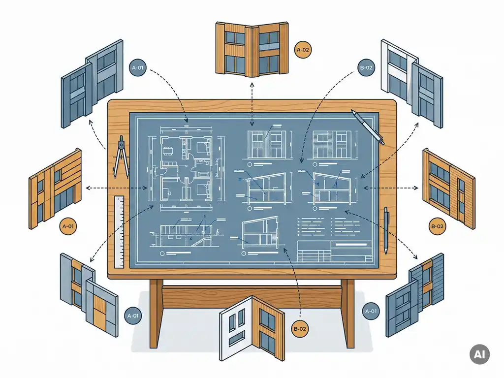 Architectonische blauwdruk op tekentafel omringd door prefab gevelpanieelmodellen met kleurgecodeerde labels in vlakke vectorillustratiestijl.