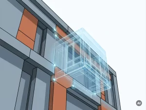 Prefab gevelplaat op modern gebouw met digitale tweelay-overlay en sensorpunten in staal-grijs en terracotta tinten.