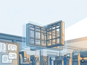 BIM-model van een prefab gevelpaneel boven een fabriekshal, met stalen framegeometrie zichtbaar door digitale wireframe-overlay.