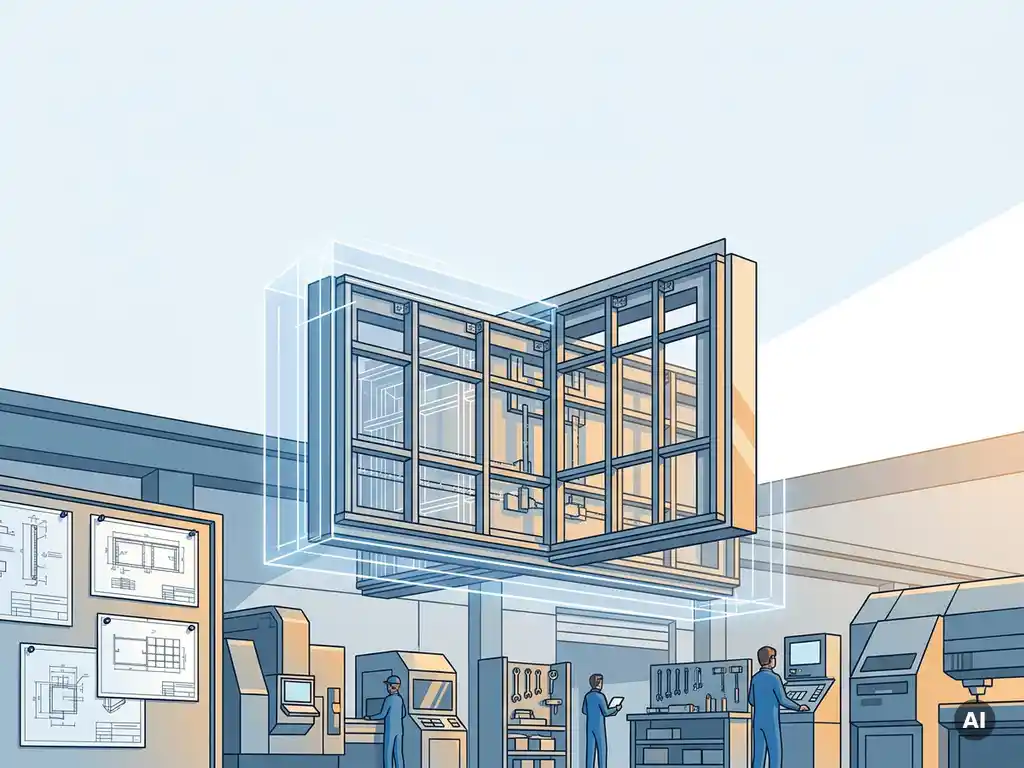 BIM-model van een prefab gevelpaneel boven een fabriekshal, met stalen framegeometrie zichtbaar door digitale wireframe-overlay.