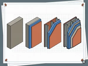 Prefab gevelpaaneeldoorsnede in toenemend detailniveau, van ruw blok tot stalen frameconstructie, vectorillustratie in blauw en terracotta.