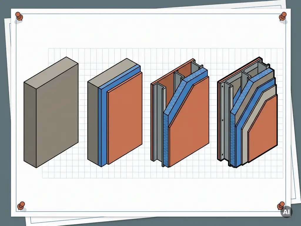 Prefab gevelpaaneeldoorsnede in toenemend detailniveau, van ruw blok tot stalen frameconstructie, vectorillustratie in blauw en terracotta.
