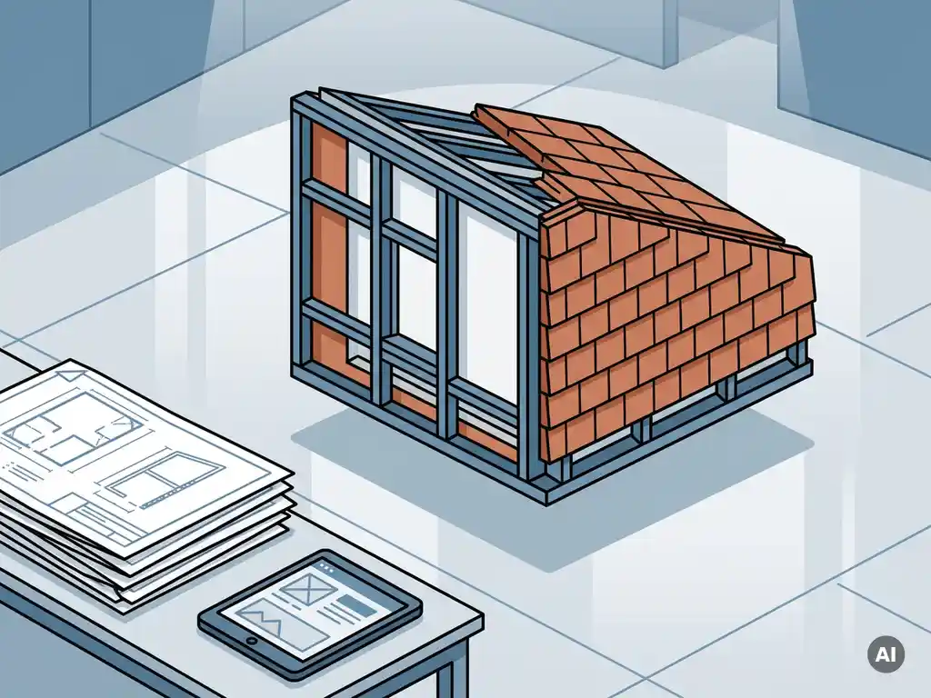 3D-model van een prefab gevelpaneel met stalen skeletframe en keramische bekleding, zwevend boven een fabriekshal.