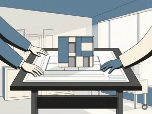 Twee paar handen die samenwerken over een architectuurblueprint met een prefab gevelmodel op een tekentafel in een modern studio.