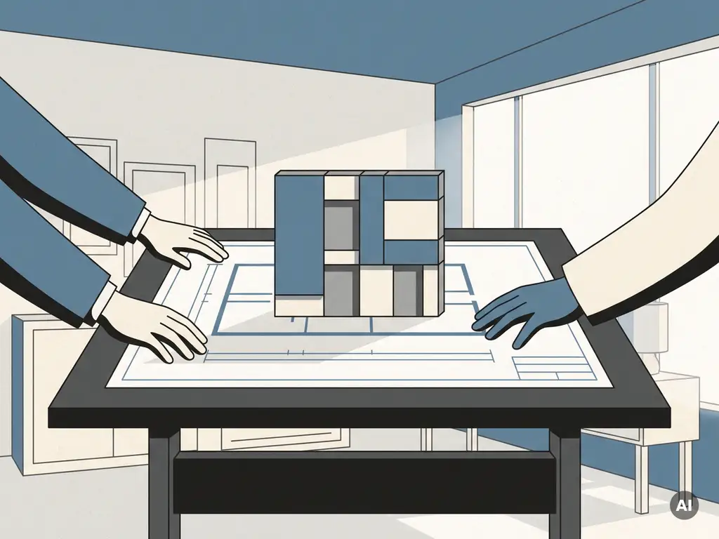 Twee paar handen die samenwerken over een architectuurblueprint met een prefab gevelmodel op een tekentafel in een modern studio.