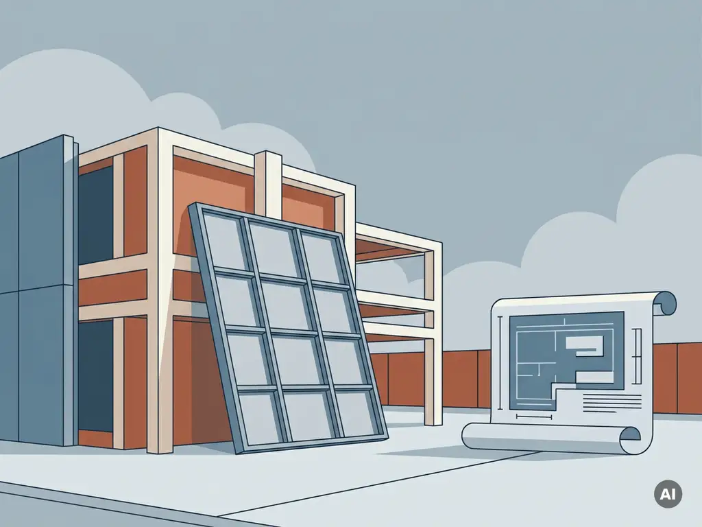 Prefab gevelpaneel met stalen skeletframe tegen een half afgebouwd modern gebouw, met een digitale bouwtekening op betonnen ondergrond.