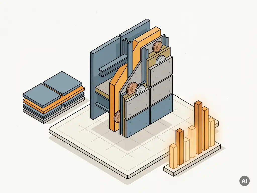 Isometrisch 3D-doorsnede van een prefab gevelpaneel met gestapelde staallagen, euromunten en een kostenstaafdiagram in staalblauwe en amberkleurige tinten.