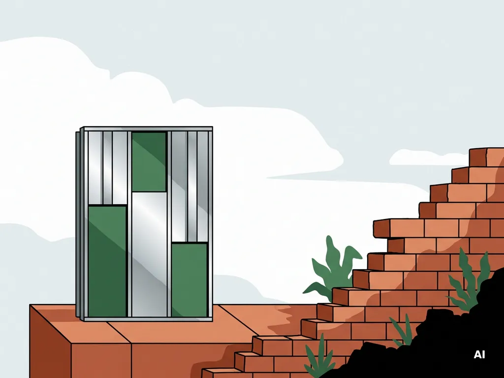 Prefab stalen gevelpaneel naast verweerde bakstenen muur op bouwplaats, symboliseert moderne versus traditionele bouwmethoden.