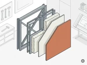 Geëxplodeerde doorsnede van een geprefabriceerd stalen gevelpaneel met koudgewalst staalskelet, keramische bekleding, isolatielagen en composietpanelen.