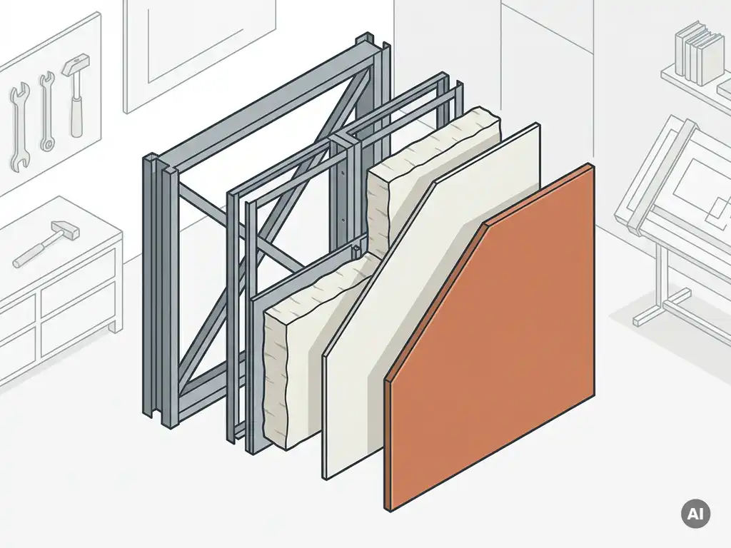Geëxplodeerde doorsnede van een geprefabriceerd stalen gevelpaneel met koudgewalst staalskelet, keramische bekleding, isolatielagen en composietpanelen.
