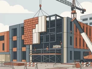 Prefab stalen gevelplaat gehesen op moderne gebouwgevel, met zichtbaar staalskelet onder keramische bekleding, vectorillustratie.