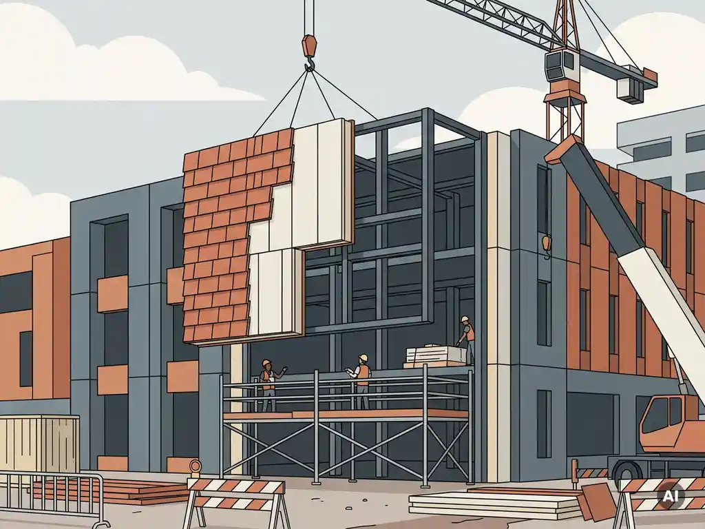 Prefab stalen gevelplaat gehesen op moderne gebouwgevel, met zichtbaar staalskelet onder keramische bekleding, vectorillustratie.