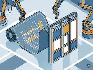 Architectuurblueprint dat uitvouwt tot gemonteerd stalen prefab gevelpaneel op fabriekshal vloer met robotarmen op achtergrond.