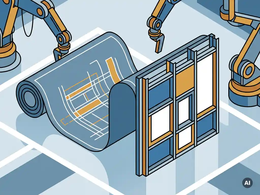 Architectuurblueprint dat uitvouwt tot gemonteerd stalen prefab gevelpaneel op fabriekshal vloer met robotarmen op achtergrond.