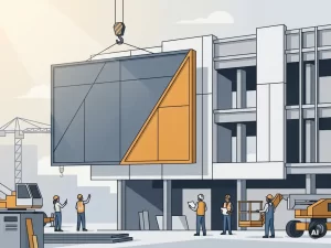 Prefab stalen gevelplaat wordt op zijn plek gehesen aan een moderne gebouwgevel, modulaire staalconstructie zichtbaar.