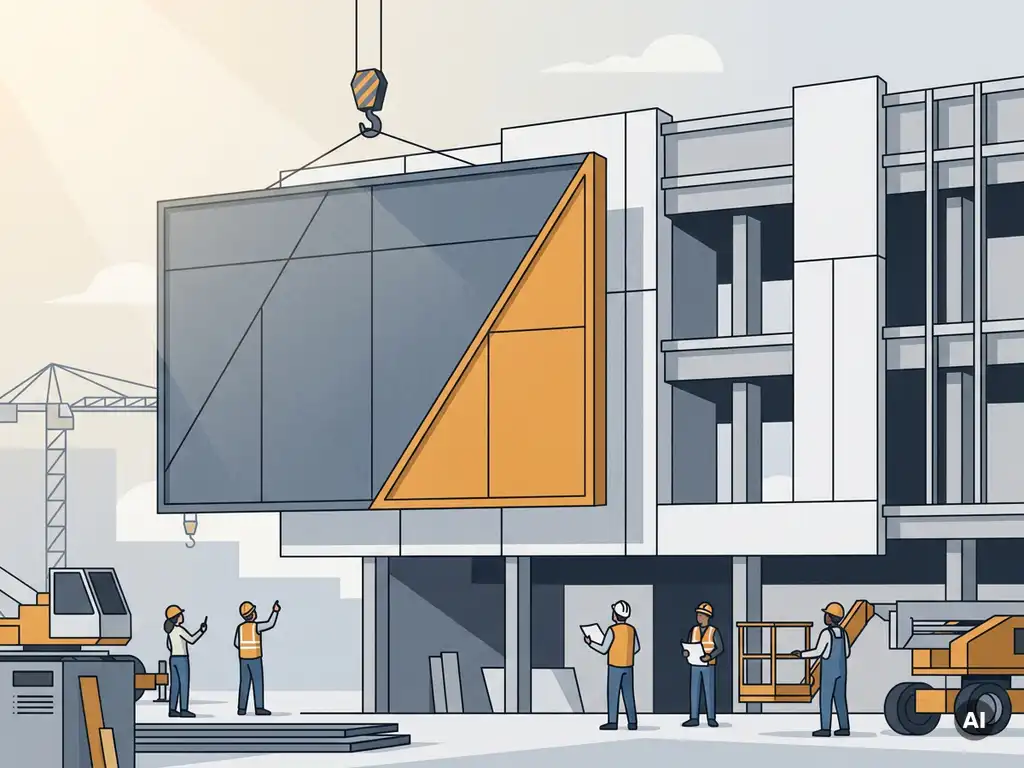 Prefab stalen gevelplaat wordt op zijn plek gehesen aan een moderne gebouwgevel, modulaire staalconstructie zichtbaar.